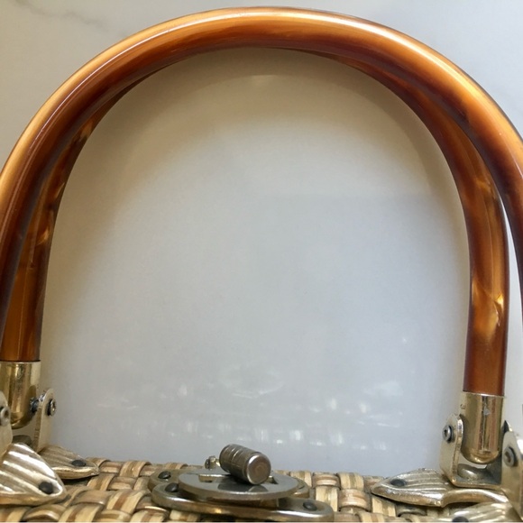 VTG BRITISH CROWN COLONY HONG KONG Purse Handbag Wicker Natural Gold - Picture 8 of 9